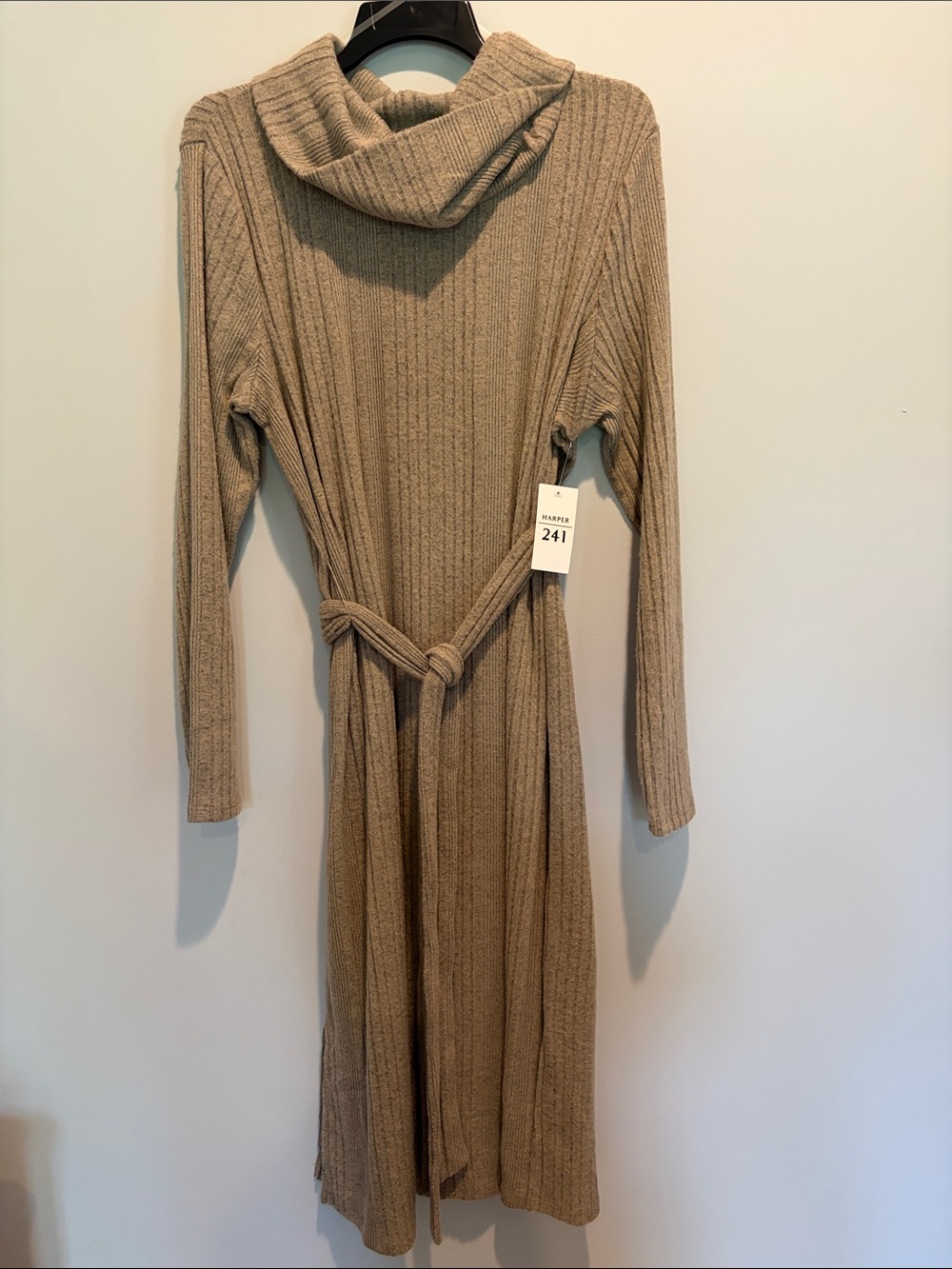 Cozy Ribbed Midi Dress with Tie Waist in Beige